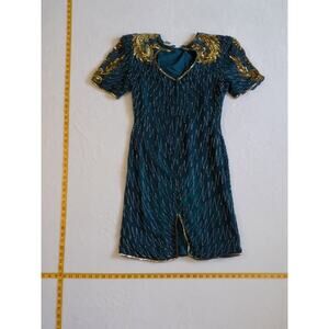 VTG Laurence Kazar Dragon Pattern Sequin Beaded Dress Eveningwear Gold 100% Silk